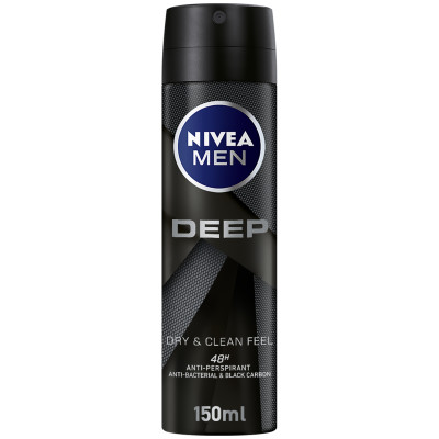 NIVEA MEN Antiperspirant Spray for Men, DEEP Black Carbon Antibacterial, Dark Wood Scent 150ml